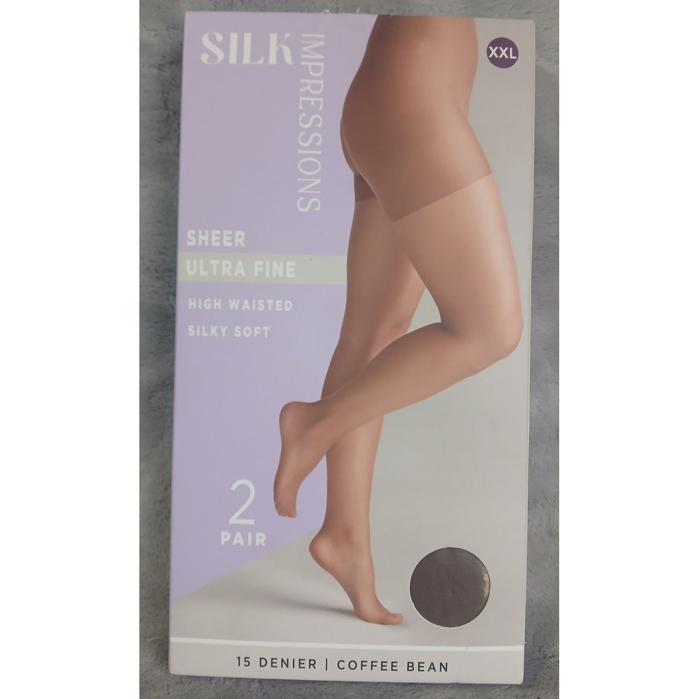 Silk Impressions Sheer Ultra Fine High Waisted Pantyhose 2 Pair Coffee Bean‎ XXL